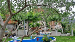 Un jardín con una fuente, bancos y un árbol.