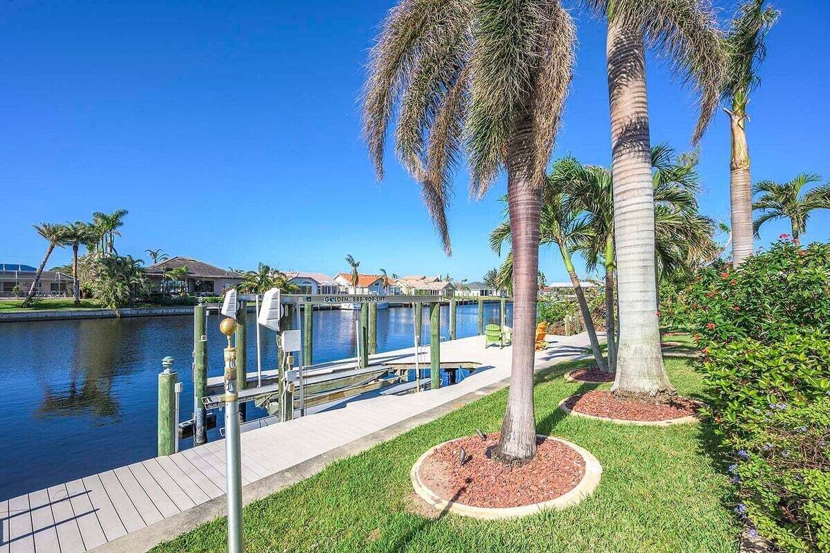 A waterfront park with palm trees, a dock, and a building in the background.