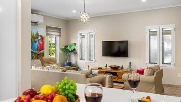 A living room with a TV, sofas, a coffee table with fruit and wine, and a star-shaped light fixture.