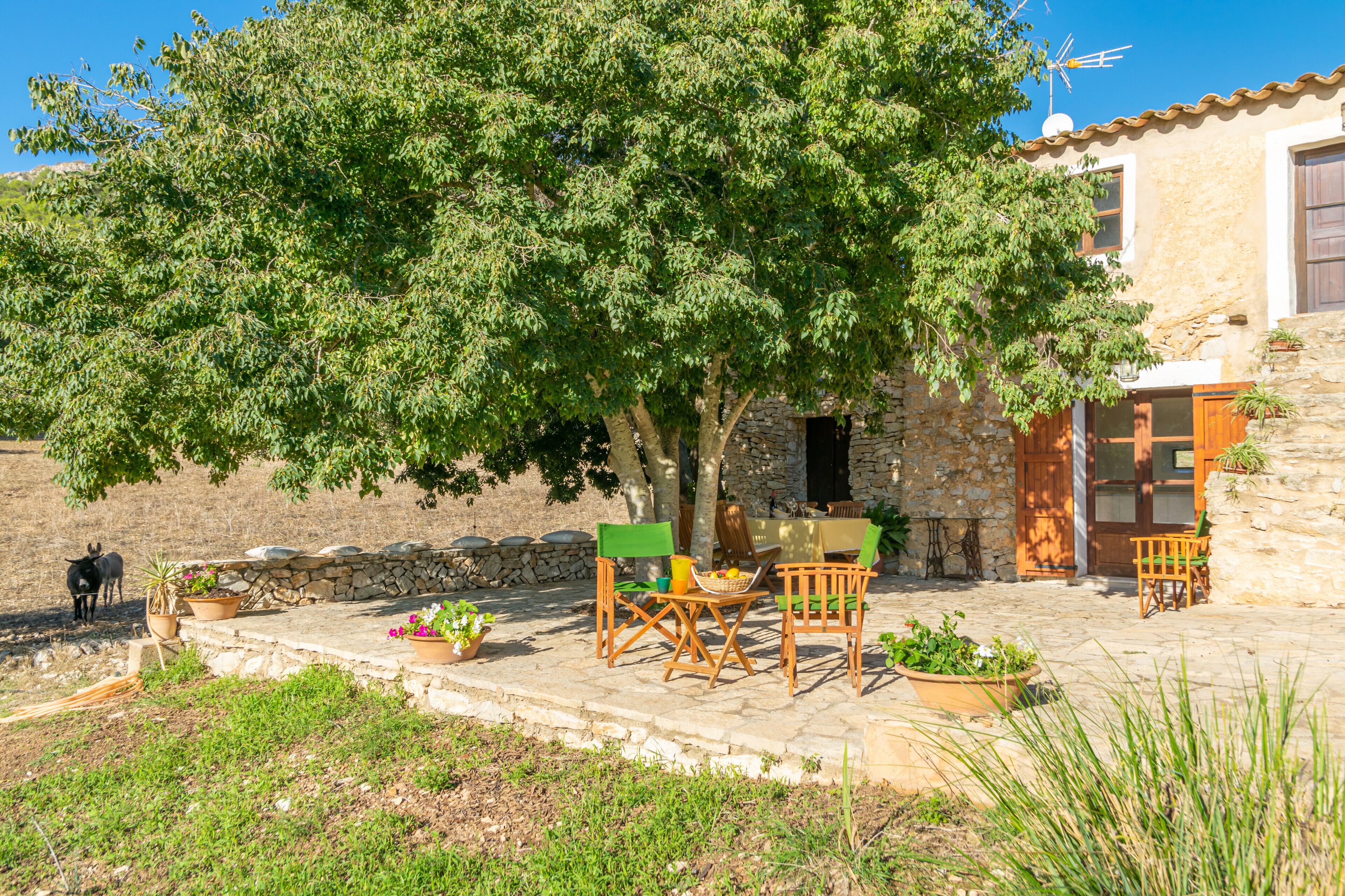 A stone building with a patio area featuring outdoor furniture and potted plants.