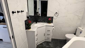 Shower, hair dryer, towels, soap