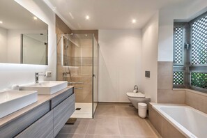 Shower, hair dryer, towels
