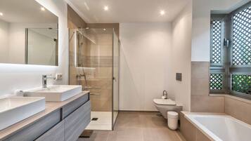 Shower, hair dryer, towels