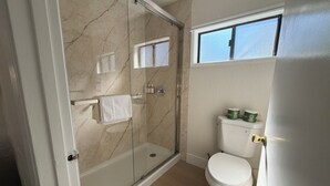 Un bagno con doccia vetrata, un water e una finestra.