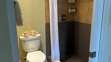 Hair dryer, towels, soap, shampoo