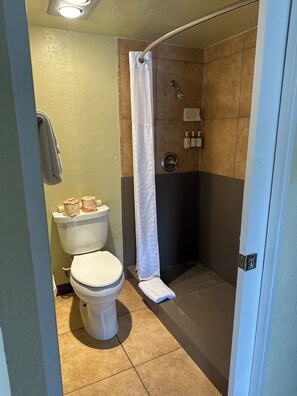 Hair dryer, towels, soap, shampoo