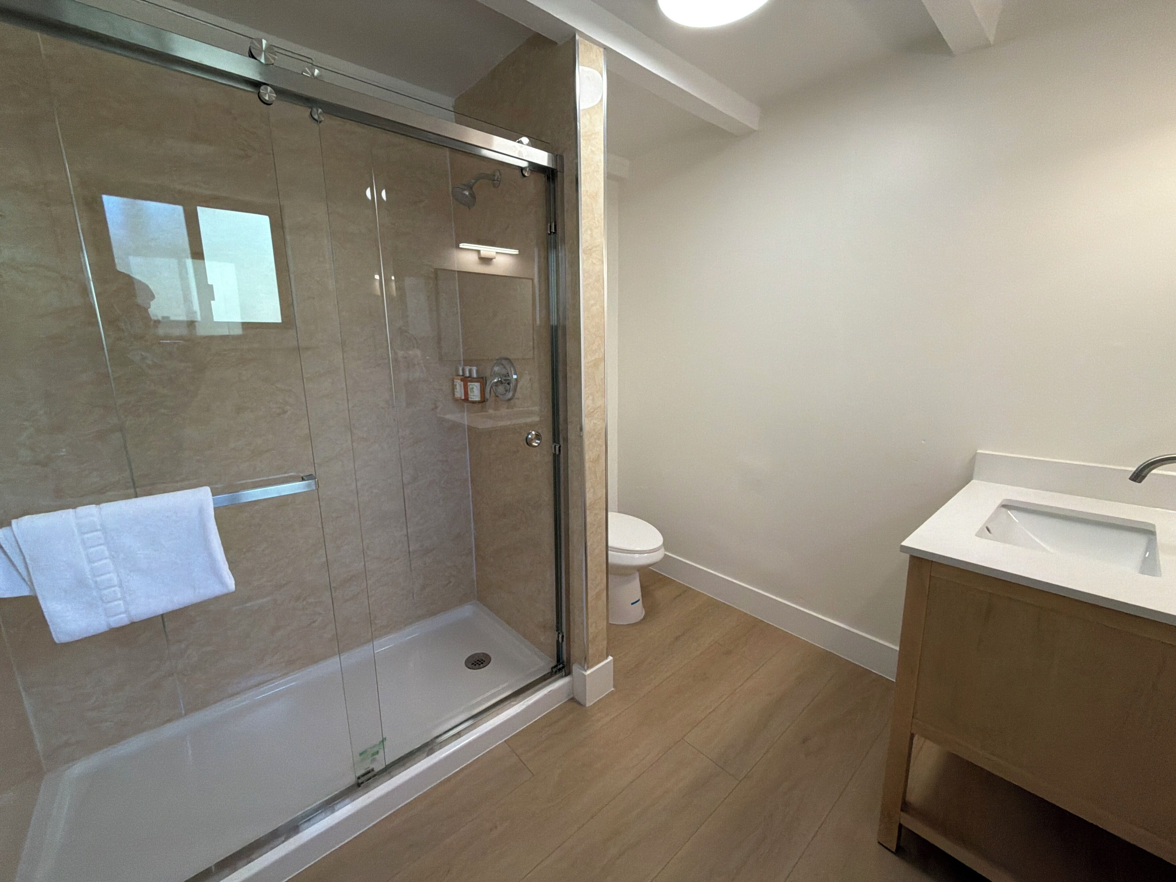A modern bathroom with a glass-enclosed shower, a toilet, and a sink.