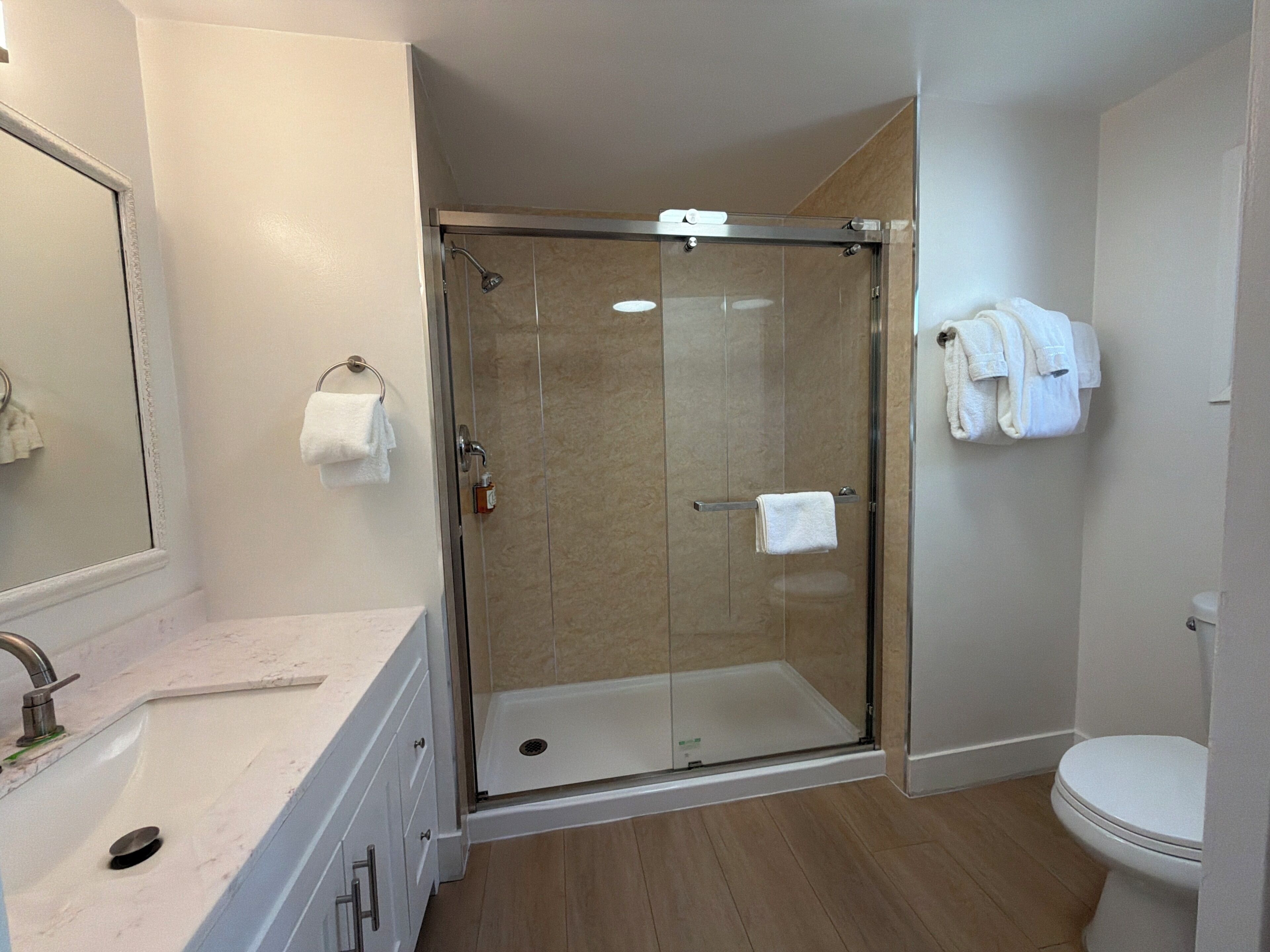 Hair dryer, towels, soap, shampoo