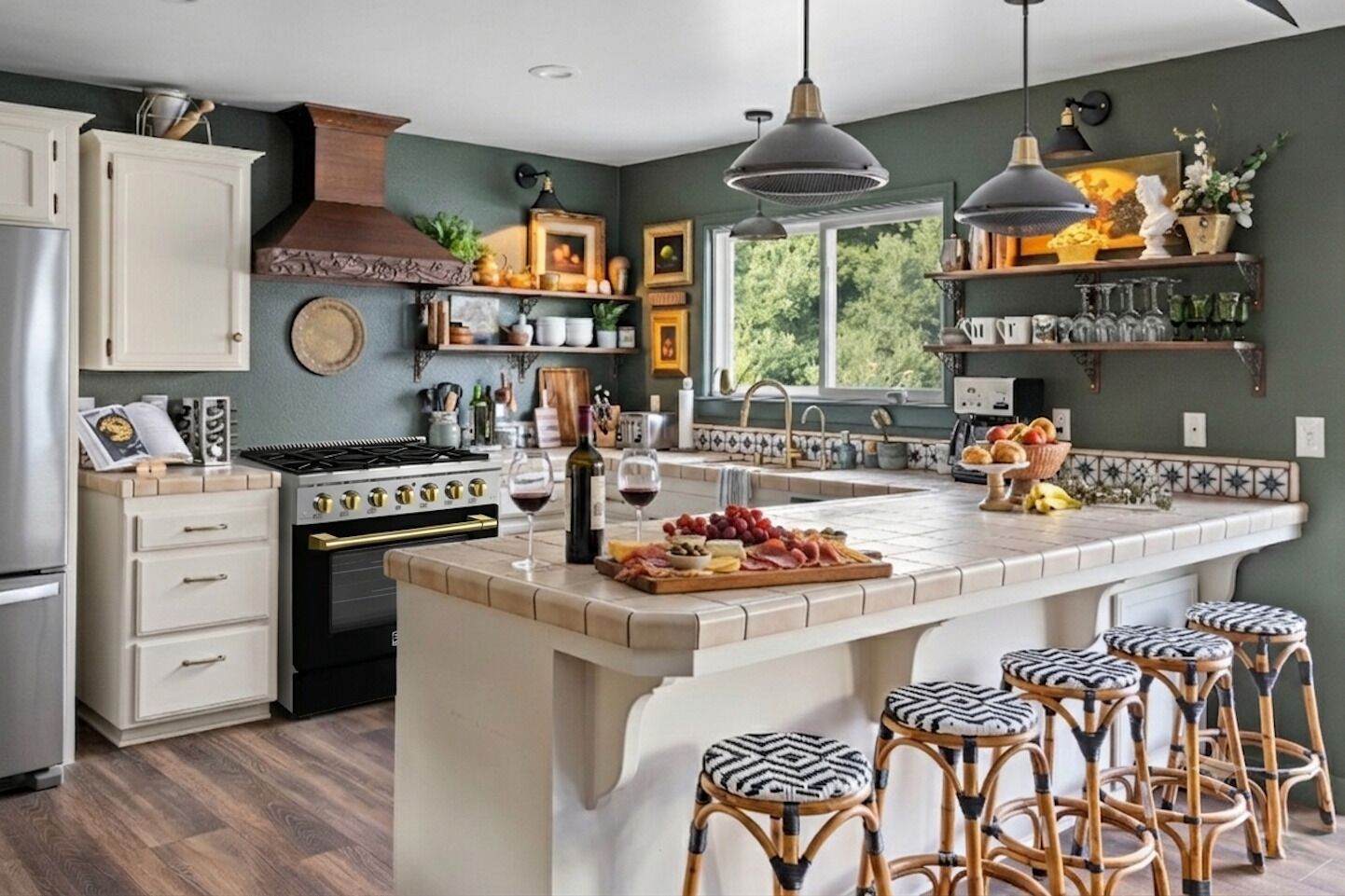 A kitchen with a central island, bar stools, a stove, and a window with a view.