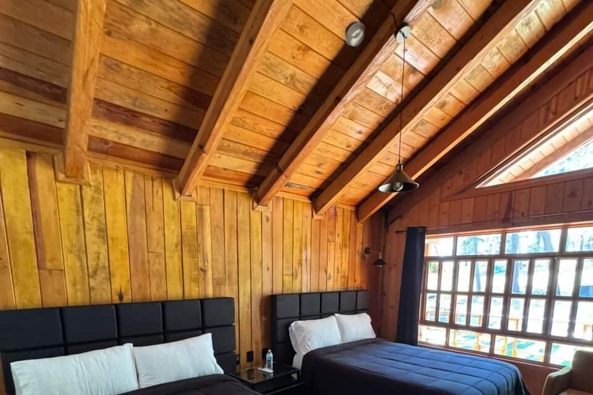 Una habitación de cabaña de madera con dos camas, una mesita de noche y una ventana con vistas.