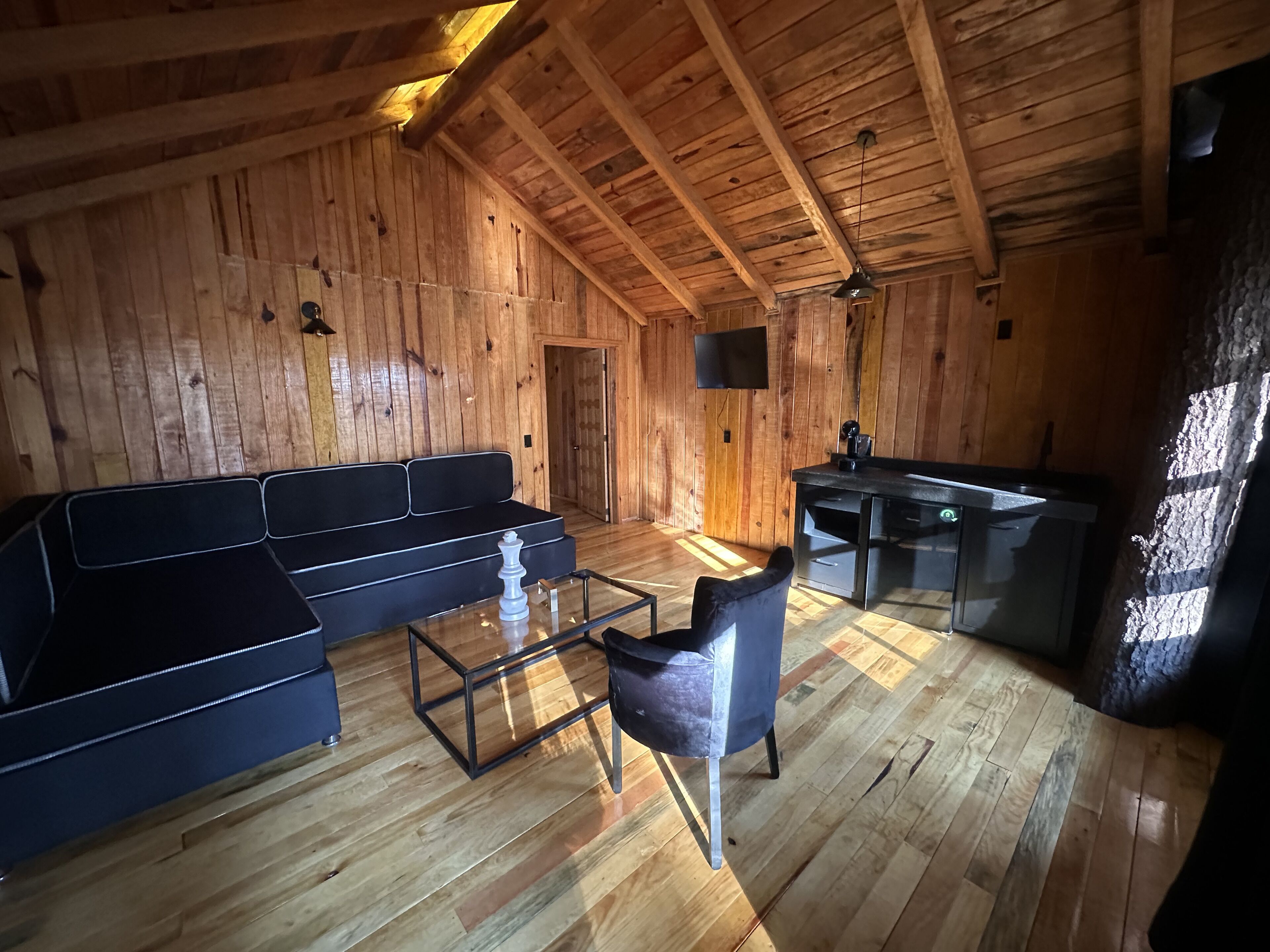 A wooden interior with a sofa, a glass coffee table, and a kitchen area.