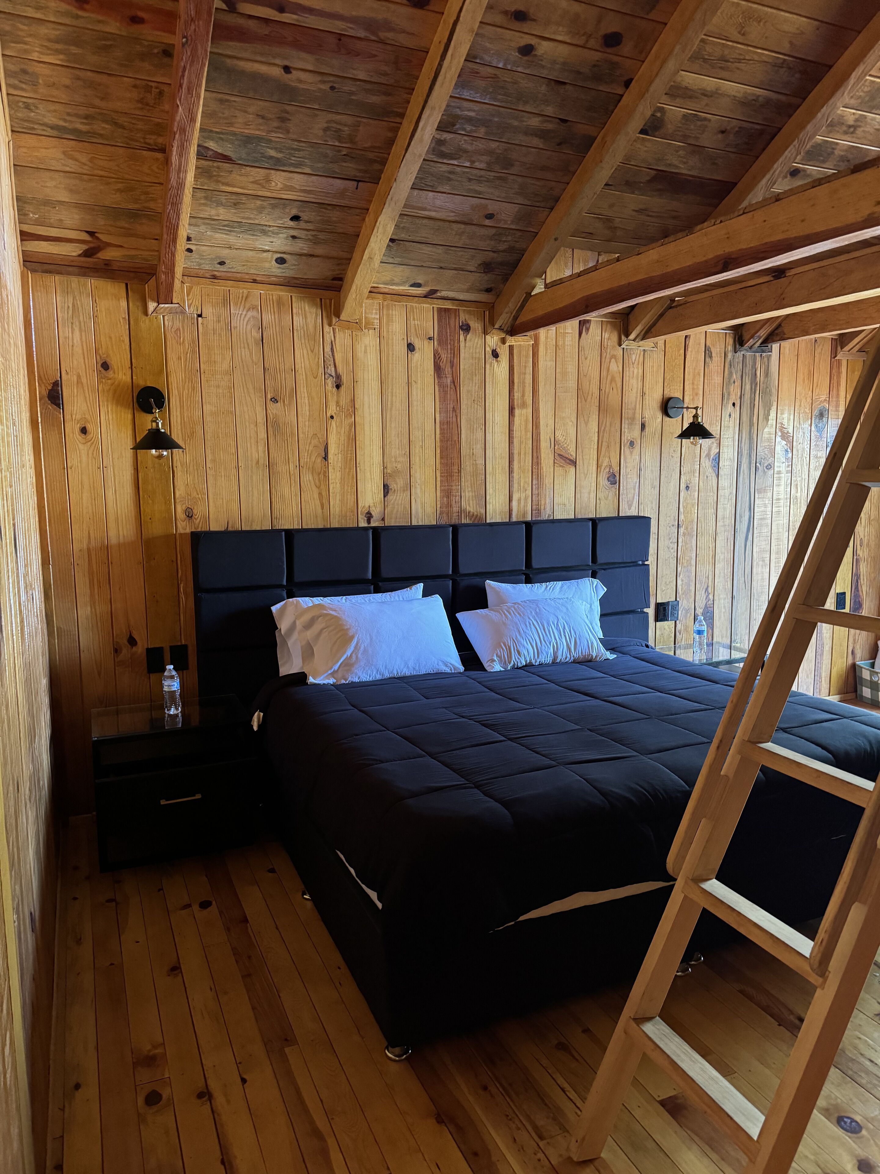 A wooden cabin bedroom with a bed, nightstands, and a ladder.