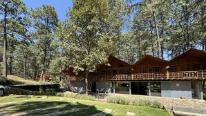 Een houten lodge met een pad van stenen dat naar de ingang leidt, omgeven door bomen.