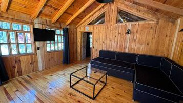 A wooden interior with a sofa, a glass coffee table, and a TV mounted on the wall.