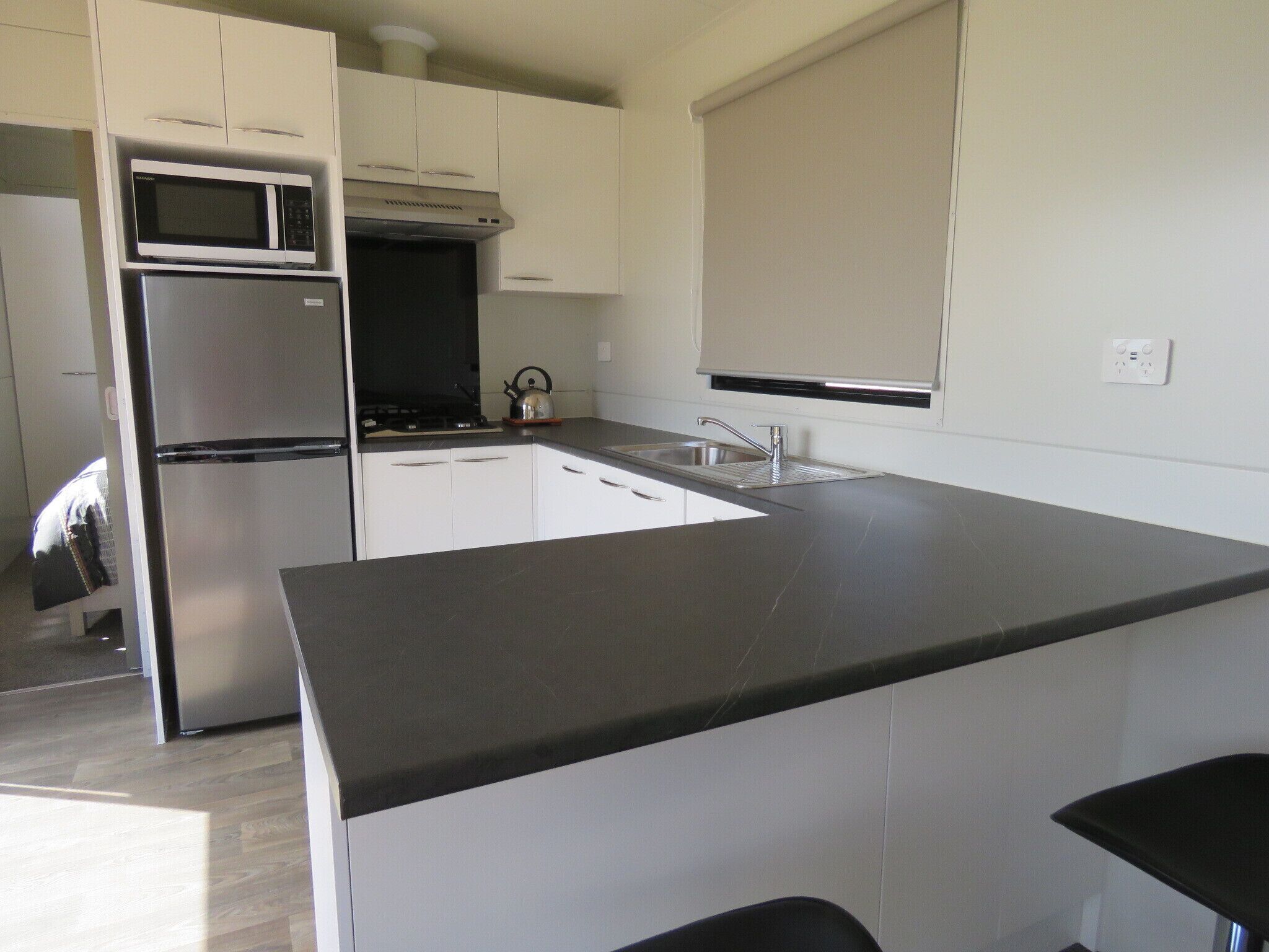 Fridge, microwave, stovetop, electric kettle