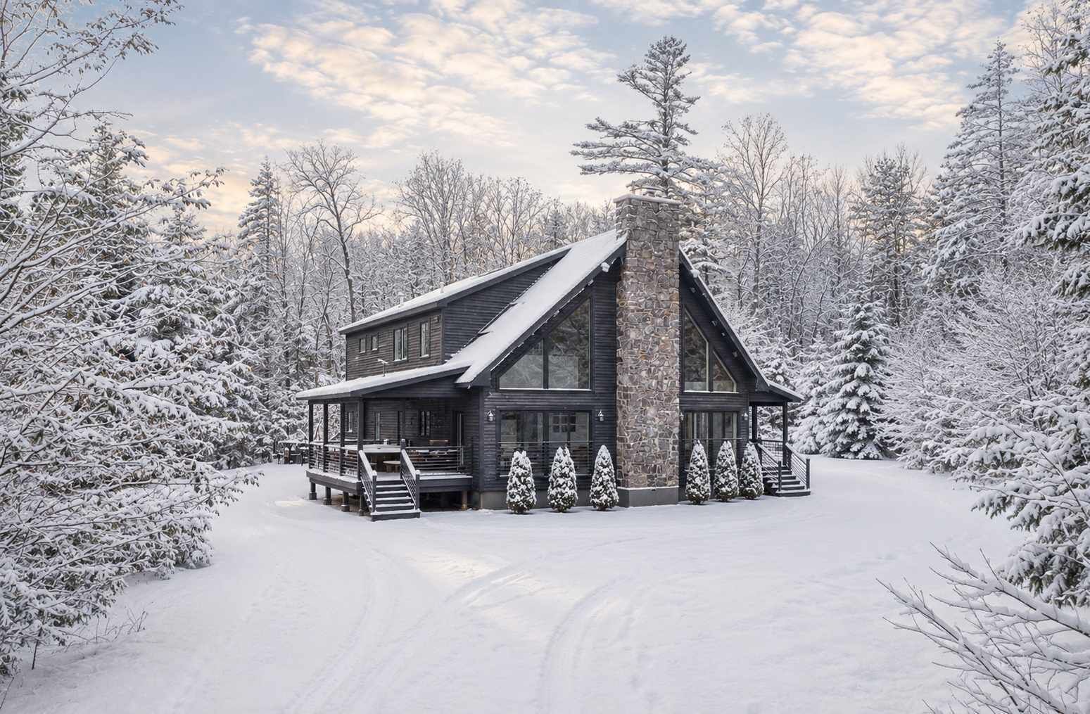 Une cabane avec une cheminée en pierre, un revêtement extérieur en bois et une véranda avec un banc.