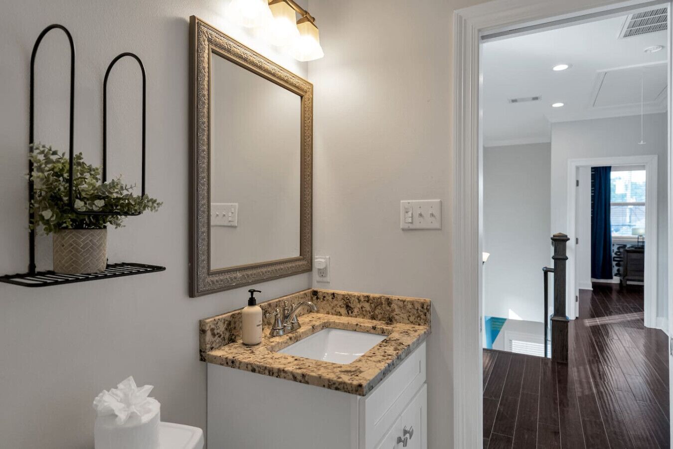 A bathroom with a granite countertop sink, a large mirror, and a potted plant.