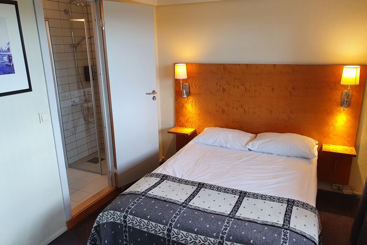 Habitación de hotel con cama, dos lámparas de noche, cabecera de madera, ducha con puertas de vidrio y un cuadro en la pared.
