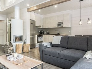 Una sala de estar moderna con un sofá gris, una chimenea y una zona de cocina con armarios blancos y un microondas.