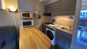 A compact kitchen with a washing machine, a microwave, and a sink. - Cozy studio near slopes with private parking (Châtel)