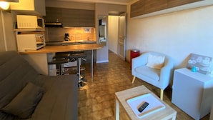 A compact living space with a kitchenette, a sofa, a chair, and a small table with a remote control. - Cozy studio near slopes with private parking (Châtel)