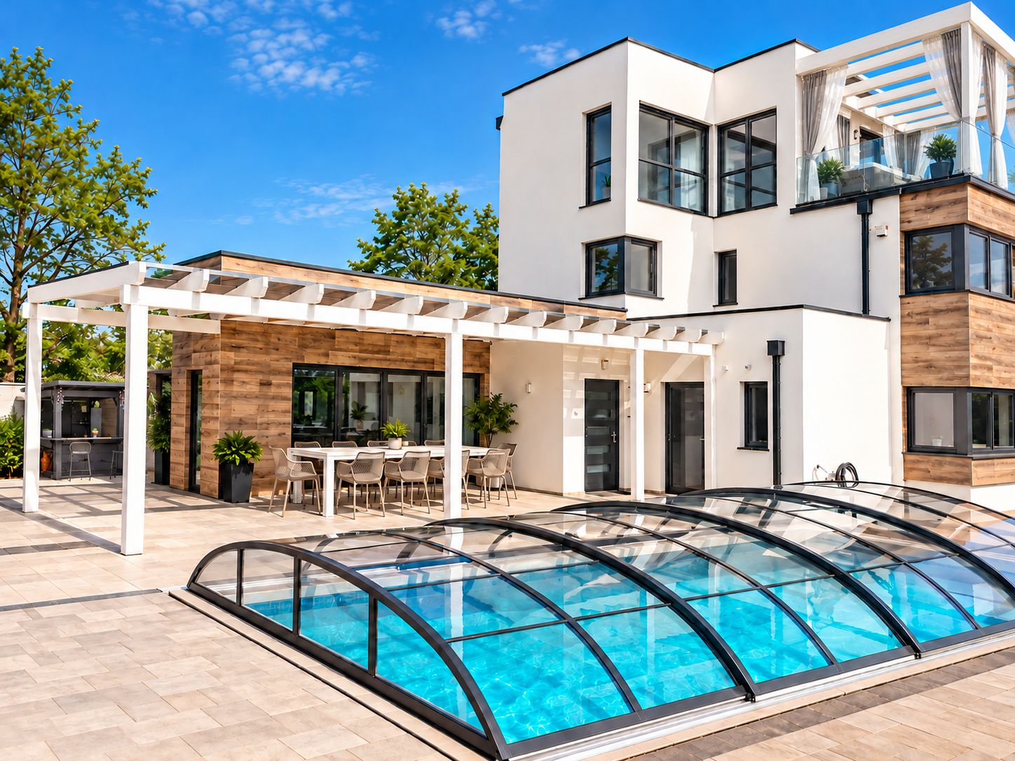 Una moderna casa a due piani con piscina, area salotto esterna e pergolato.