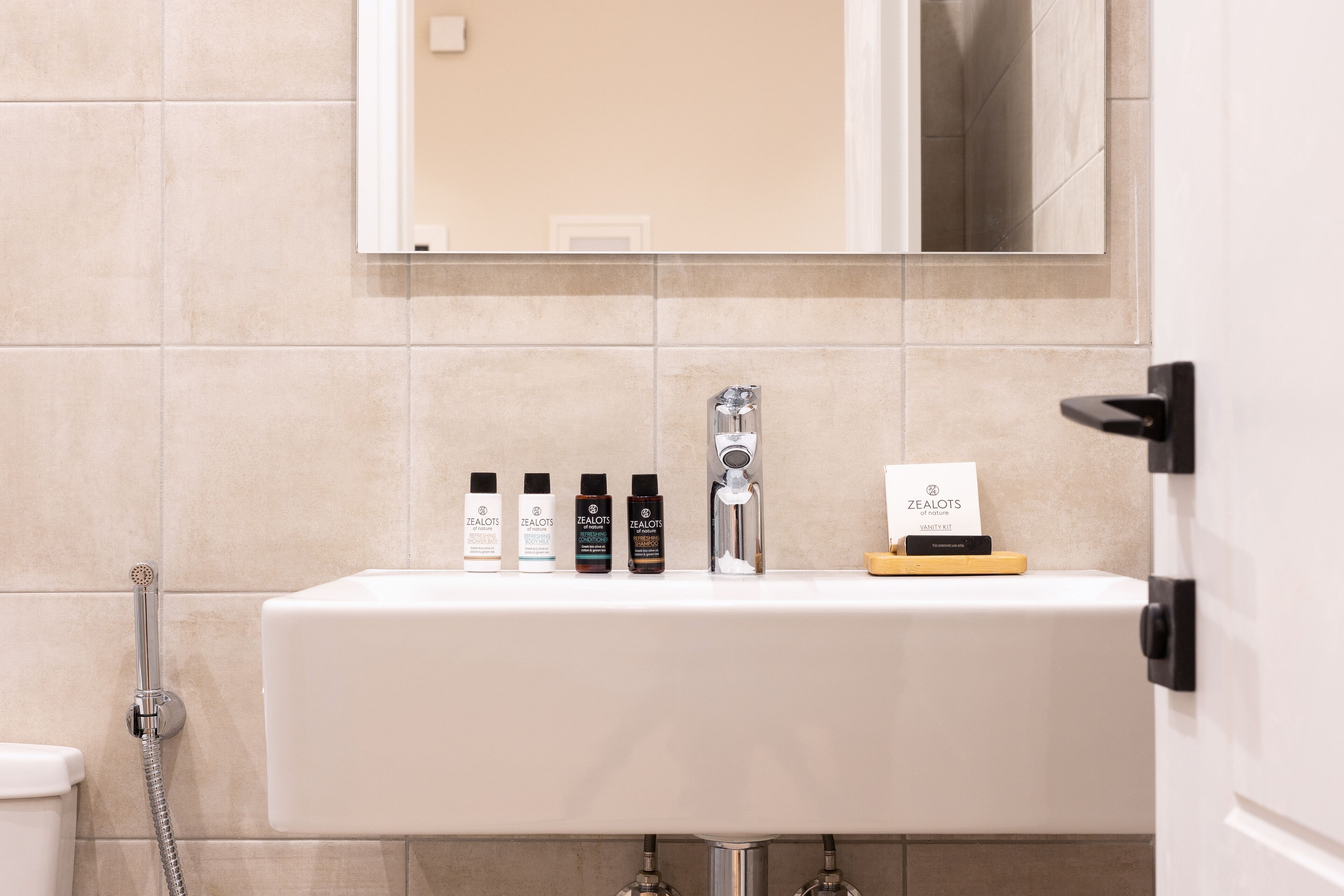 A bathroom with a white sink, a mirror above it, and a showerhead to the left.