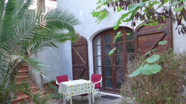 Une terrasse avec une table et des chaises, un palmier, et un bâtiment doté de grandes portes et fenêtres en bois.