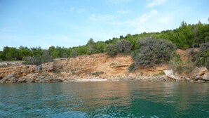 A coastal landscape with a clear view of the sea, rocky cliffs, and dense greenery.
