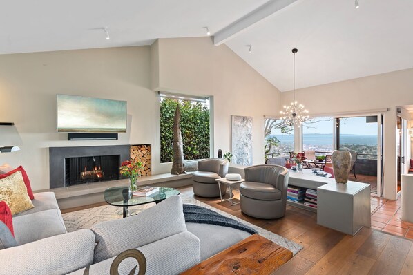 TV, fireplace, books