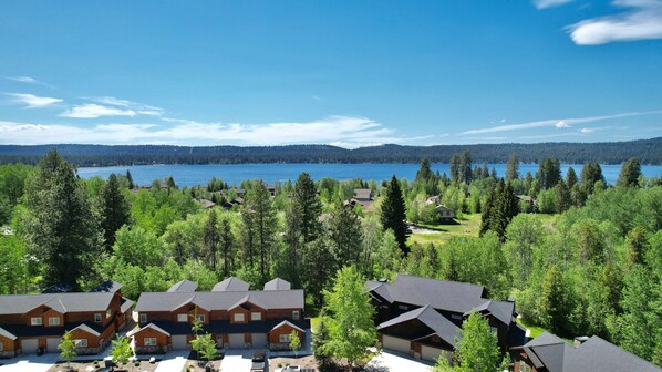 Zona residencial con varias casas, un lago y un bosque al fondo.