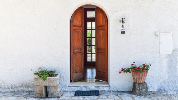 A doorway with an arched wooden frame, a potted plant on the left, and a potted plant on the right.