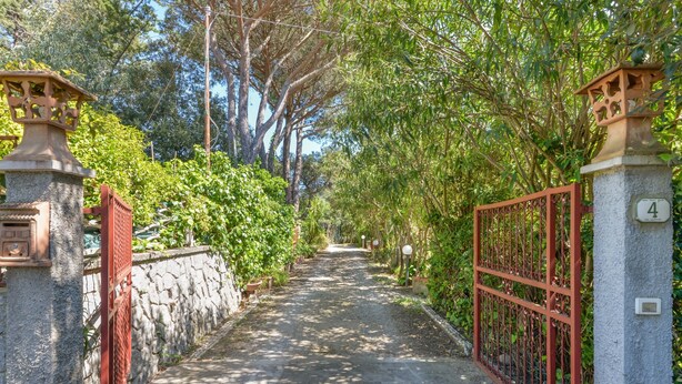 Un chemin de pierre traverse un jardin luxuriant, et on y trouve une porte en métal ainsi qu’un pilier en pierre portant une plaque avec un numéro.