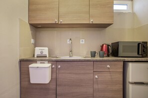 Una cocina con armarios de madera, un lavamanos de acero inoxidable, un microondas, un hervidor y un refrigerador pequeño.