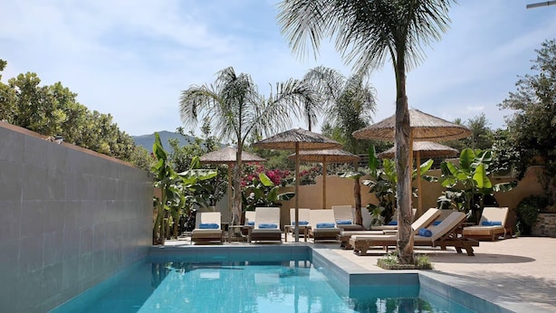 Ein Swimmingpool mit Liegestühlen und Sonnenschirmen, umgeben von tropischen Pflanzen.