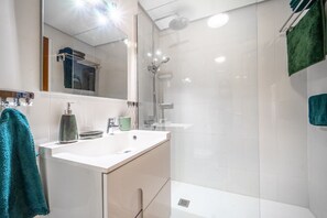 Shower, hair dryer, towels