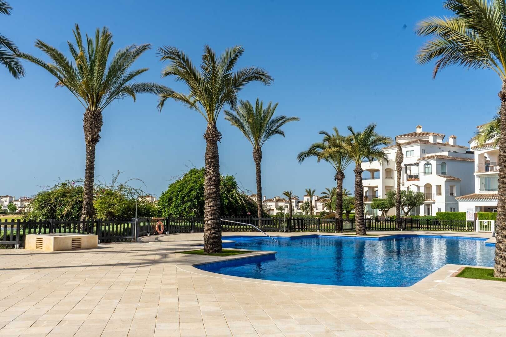 A swimming pool surrounded by palm trees and a building with balconies.