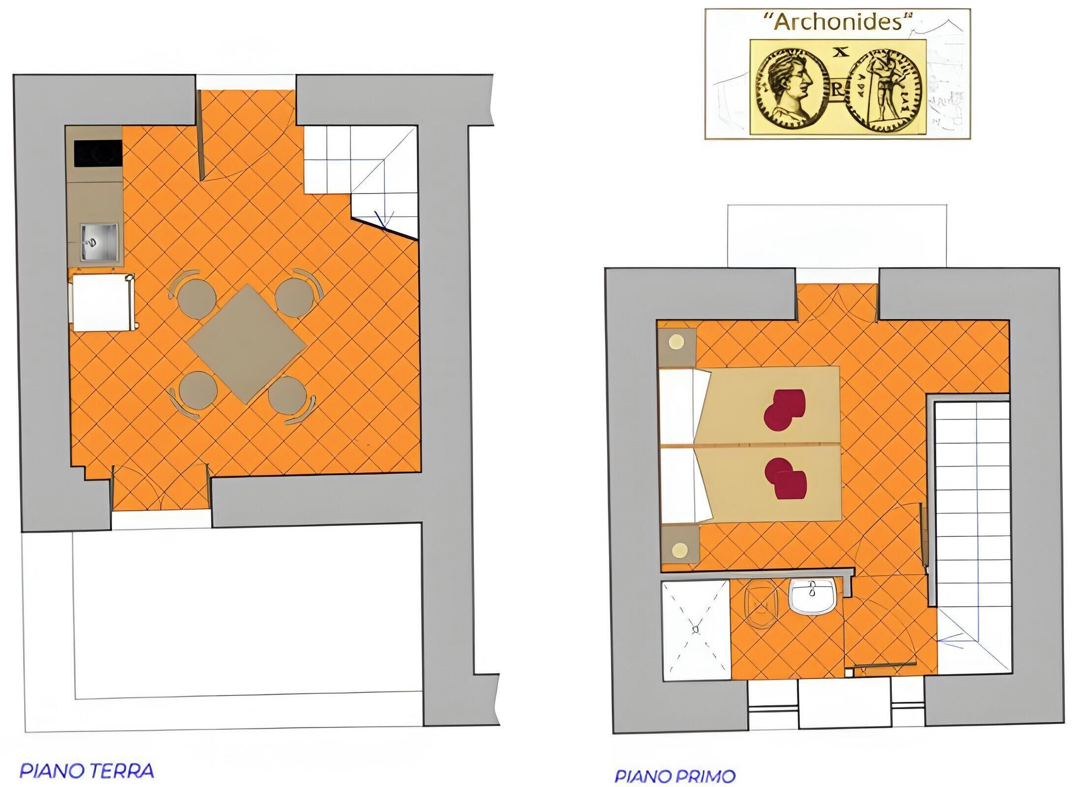 Floor plans for 'Archonides' with a dining area, kitchen, and bathroom.