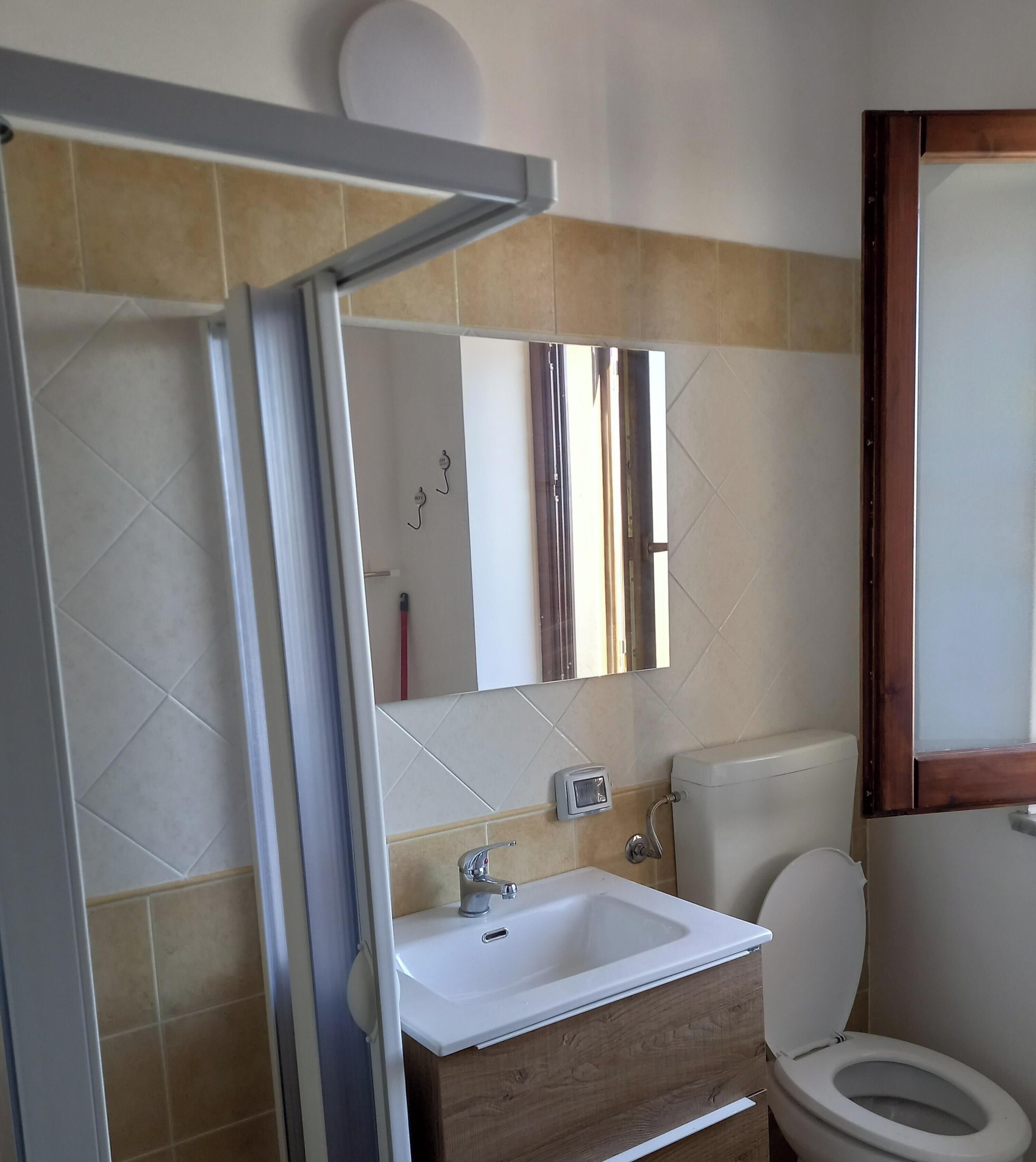 Een badkamer met een witte wastafel, houten opbergmeubel, een toilet en een spiegel.