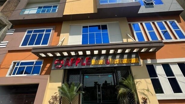 A multi-story hotel with a modern design, featuring a prominent entrance with a canopy and potted plants. - Apple Hotel and Restaurant (Timergara)