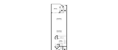 A floor plan of a hotel room with a balcony, living room, dining room, kitchen, closet, bath, and foyer.