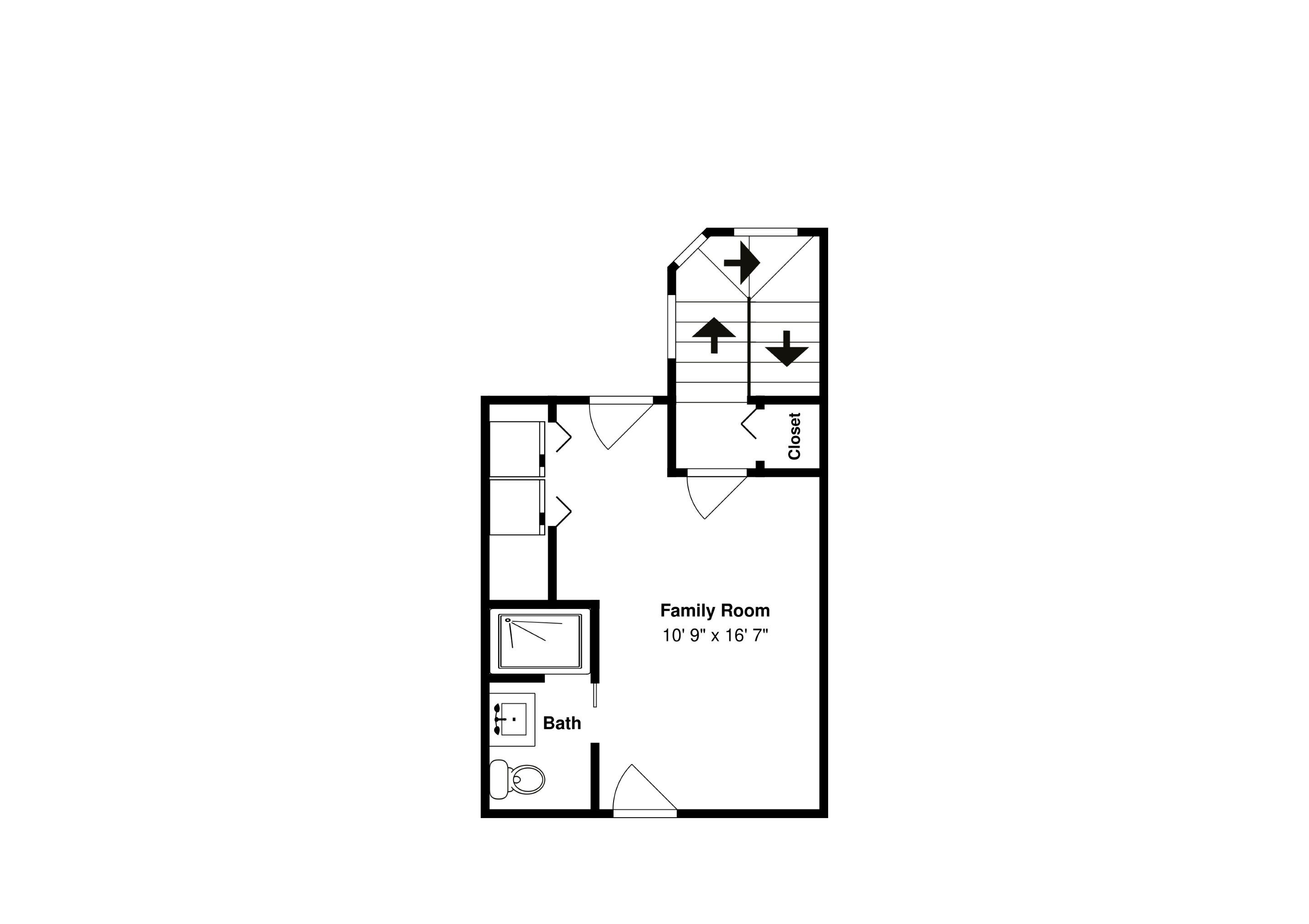 A floor plan of a hotel room with a family room measuring 10' 9" x 16' 7", a bathroom, and a closet.
