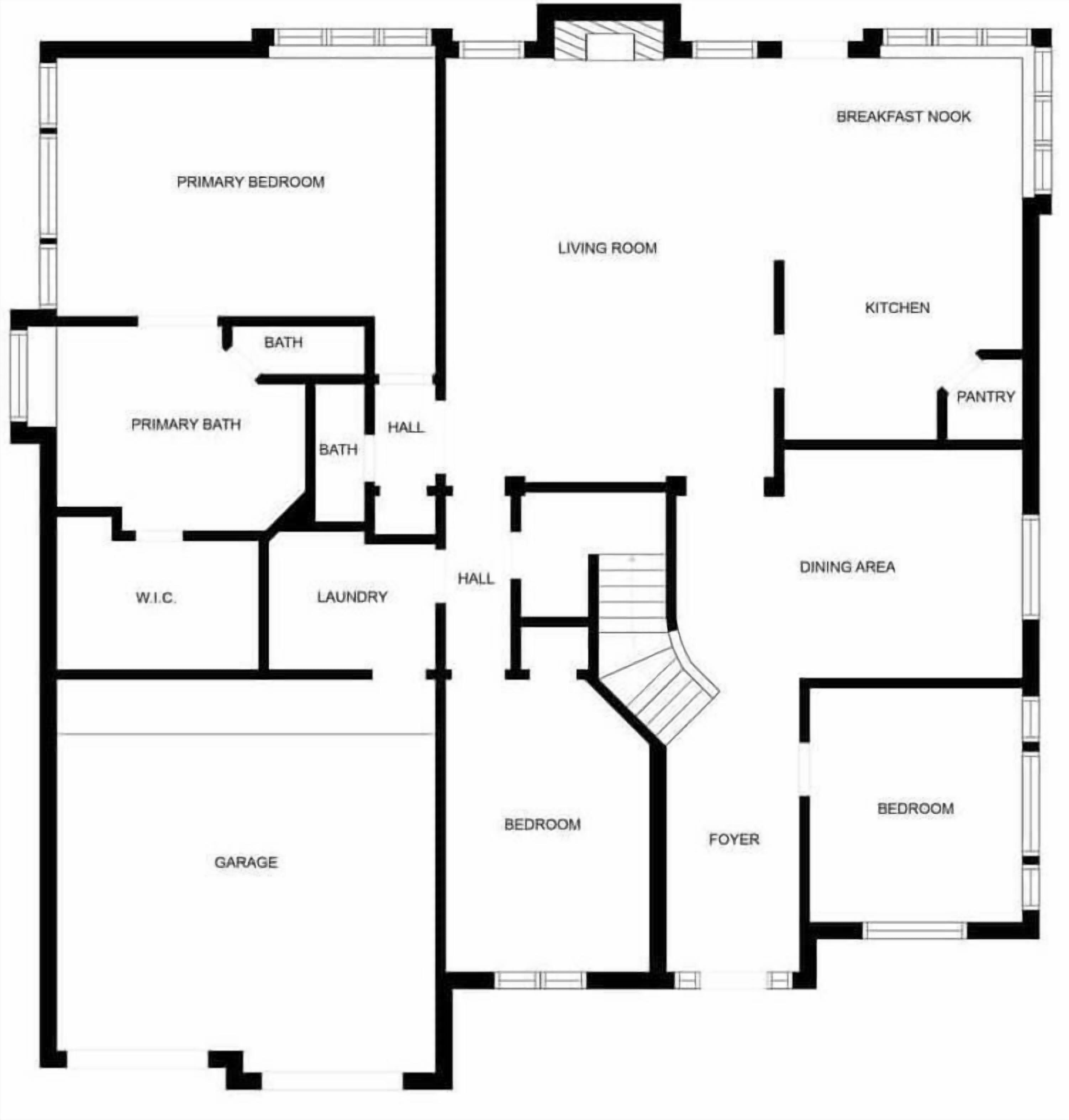 Een plattegrond met een hoofdslaapkamer, woonkamer, keuken, eetgedeelte en een garage.
