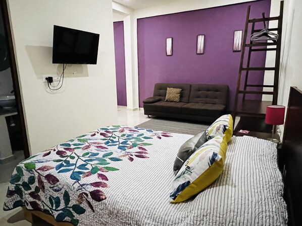 Un dormitorio con una cama, televisor, sofá y una escalera.