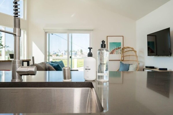 A modern kitchen with a stainless steel sink, a soap dispenser, and a bottle of dish soap on the counter. - Giant Dipper House near the Boardwalk (Santa Cruz)