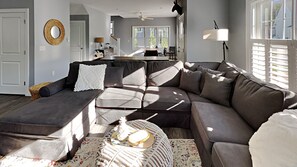 Smart TV, fireplace, books, video library