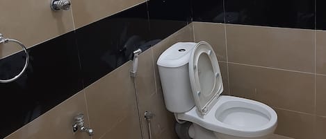 Shower, bathrobes, bidet, towels