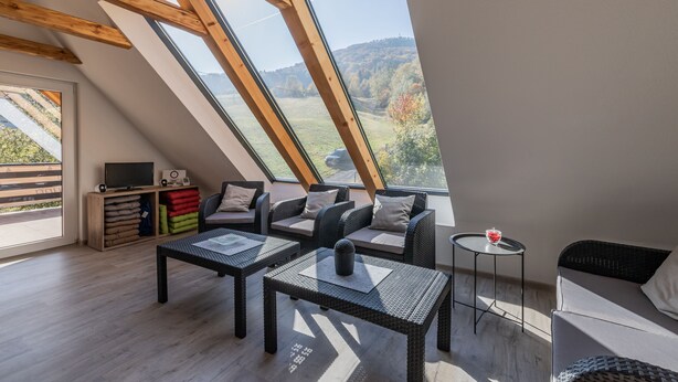 A high-ceilinged room with a sloped roof, wooden beams, and large windows offering a view of a green landscape. - Apartment in top location with sauna and rooftop lounge for families and active vacation groups (Großschönau)