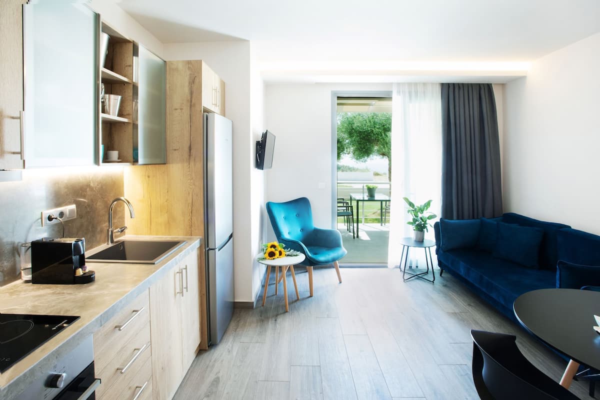 A modern kitchen with a built-in oven, a sink, and a coffee machine. There is a blue chair and a small table with a sunflower. A dark blue sofa and a round table are visible in the living area.