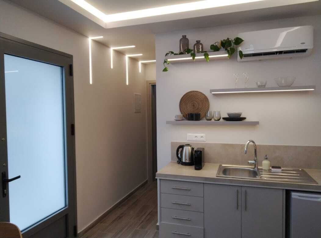 Una cocina moderna con estufa integrada, un lavamanos y una encimera. Hay repisas sobre la encimera con utensilios de cocina y una planta en maceta.